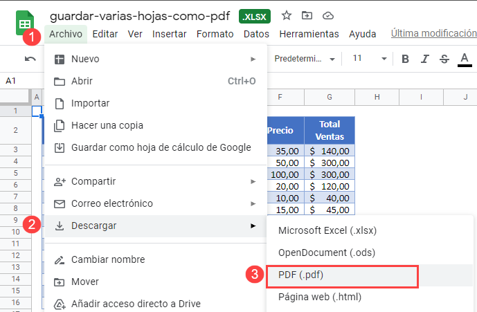 Guardar como PDF en Google Sheets