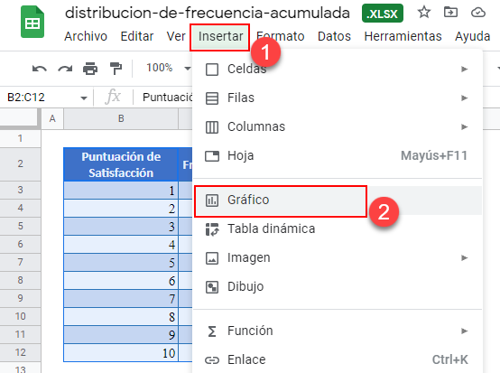 Insertar Gráfico de Frecuencia Acumulada en Google Sheets