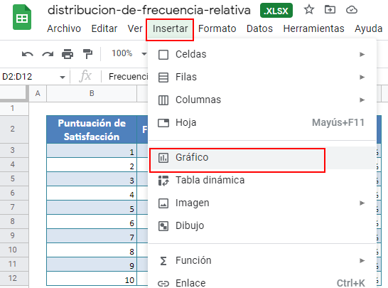 Insertar Gráfico de Frecuencia Relativa Paso1 en Google Sheets