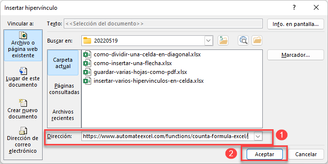 Insertar Vínculo Final en Excel