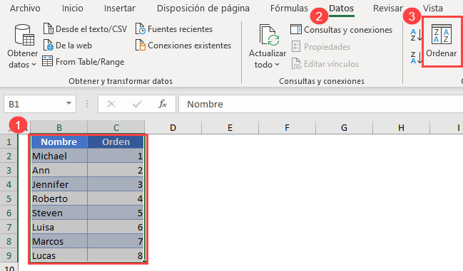 Invertir Orden de Datos en Excel Paso1