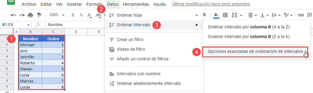 Invertir Orden de Datos en Google Sheets Paso1