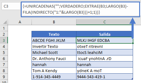 Invertir Texto Array Dinámico Final en Excel