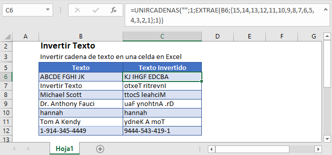 Invertir Texto en Excel