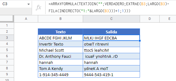 Invertir Texto en Google Sheets