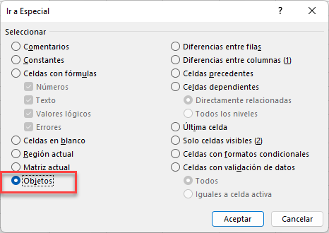 Ir a Especial Seleccionar Objetos en Excel