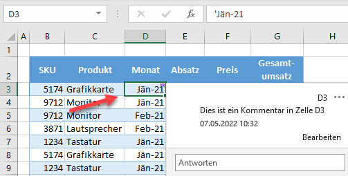 Kommentar anzeigen excel