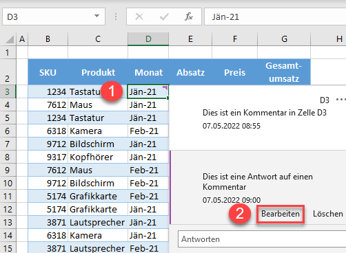 Kommentar bearbeiten in excel