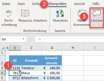 Kommentar löschen Registerkarte überprüfen