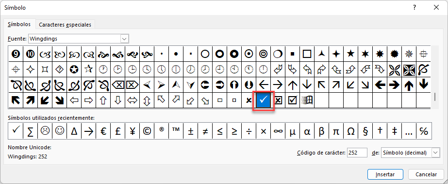 Marca de Verificación Fuente Wingdings en Excel