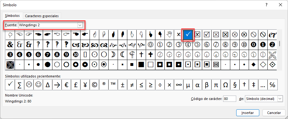 Marca de Verificación Fuente Wingdings2 en Excel