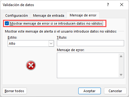 Mensaje de Error Activado en Validación de Datos