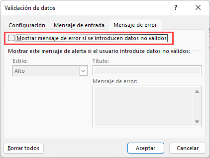 Mensaje de Error Desactivado en Validación de Datos