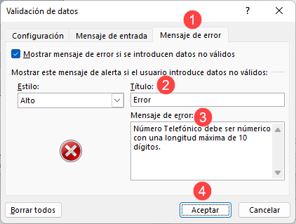 Mensaje de Error Validación de Datos Número de Teléfono en Excel