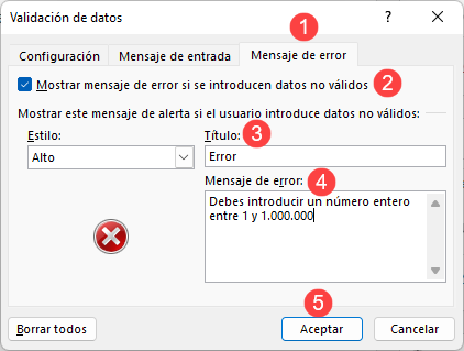 Mensaje de Error Validación de Datos en Excel Ejemplo Alerta