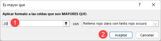 Menú Formato Condicional Mayor Que 20 en Excel