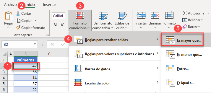 Menú Formato Condicional Mayor Que en Excel