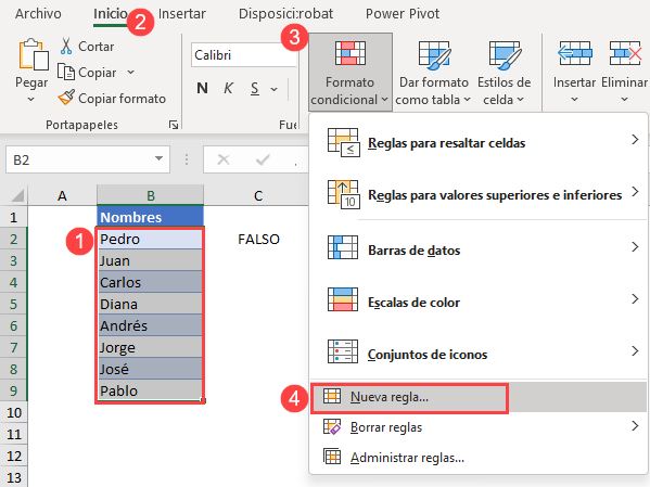 Menú Nueva Regla Formato Condicional