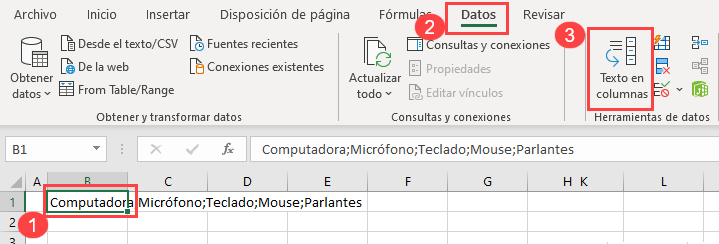 Menú Separar Texto en Columnas en Excel