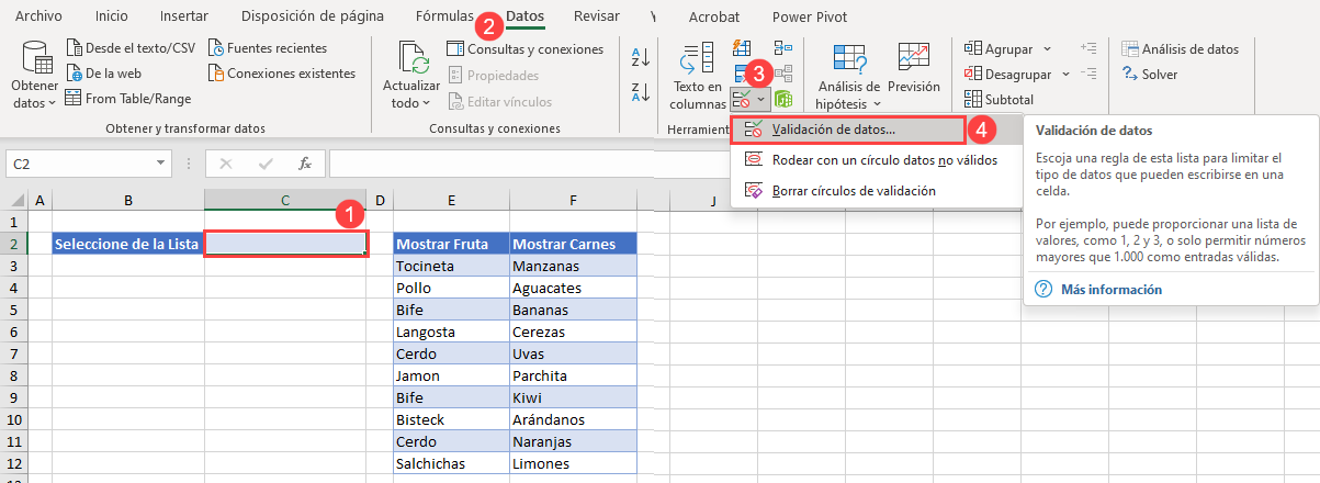 Menú Validación de Datos en Excel