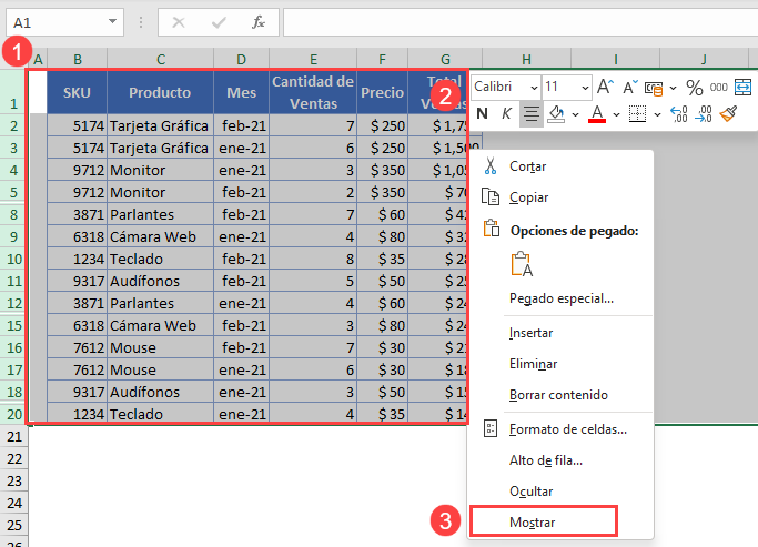 Mostrar Filas Ocultas en Excel