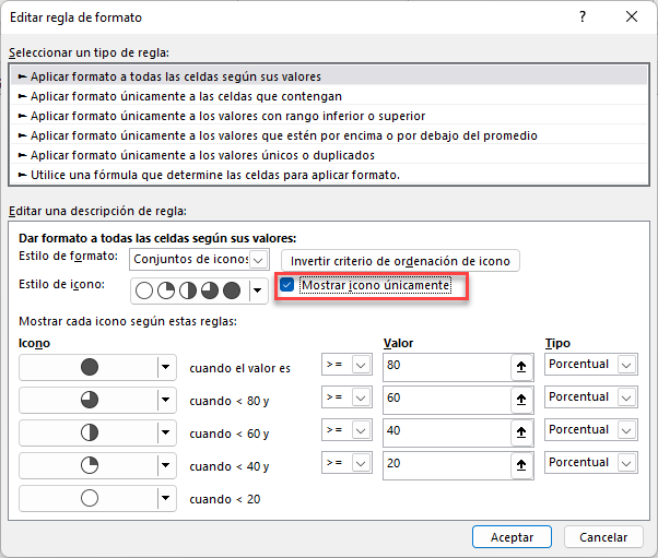 Mostrar Solo Icono Tabla de Conjunto de Iconos en Excel