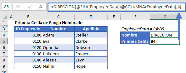 Obtener Dirección Relativa Primera Celda Rango con Nombre en Excel