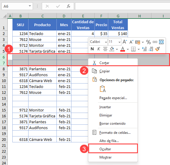 Ocultar Filas en Excel