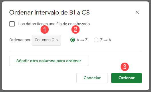 Ordenar Intervalo de Datos en Google Sheets Paso2