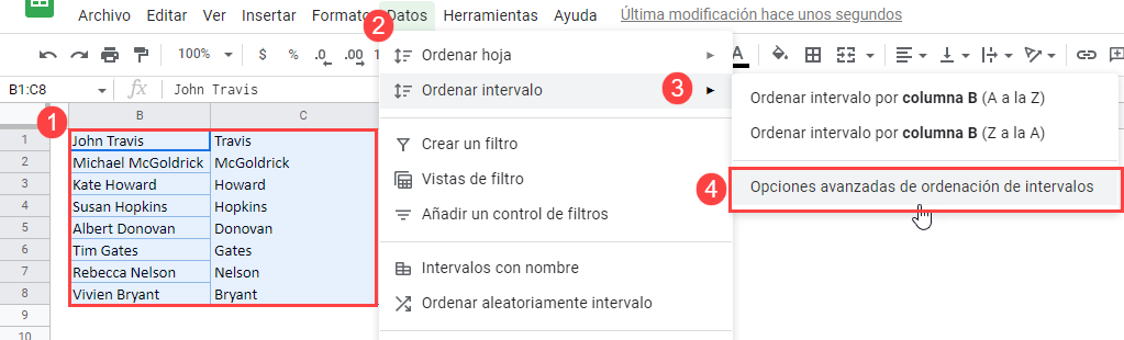 Ordenar Intervalo de Datos en Google Sheets