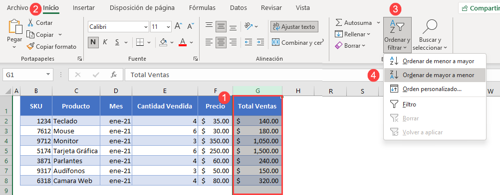 Ordenar Tabla Mayor a Menor Paso1 en Excel