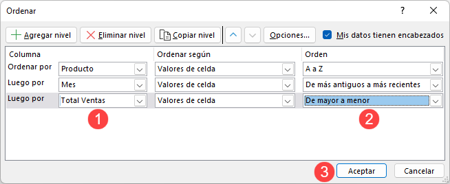 Ordenar Tabla Tres Niveles en Excel