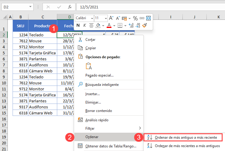 Ordenar Tabla por Fecha Botón Derecho en Excel