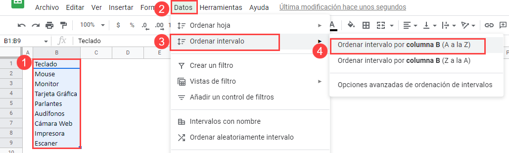 Ordenar desde la Cinta de Opciones en Excel Paso2