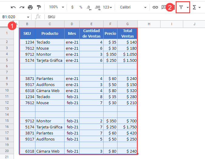 Ordenar e Ignorar los Espacios en Blanco en Google Sheets Paso1