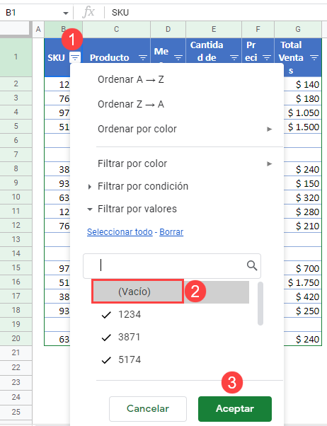 Ordenar e Ignorar los Espacios en Blanco en Google Sheets Paso2