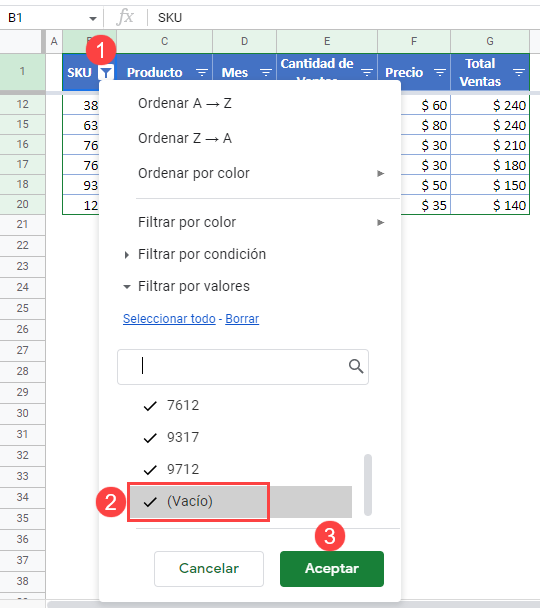 Ordenar e Ignorar los Espacios en Blanco en Google Sheets Paso4