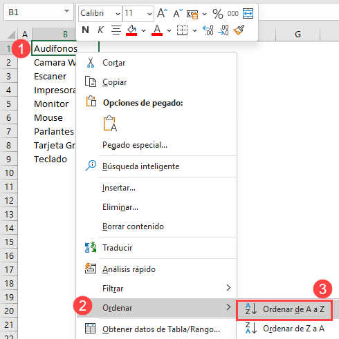 Ordenar las Cosas por Orden Alfabético en Excel Paso1