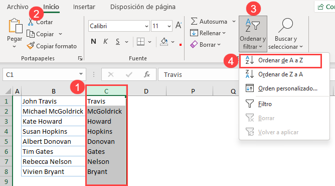 Ordenar por Apellidos en Excel Paso5