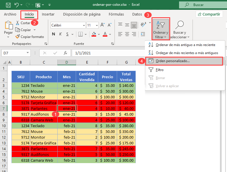 Ordenar por Colores en Excel Paso1