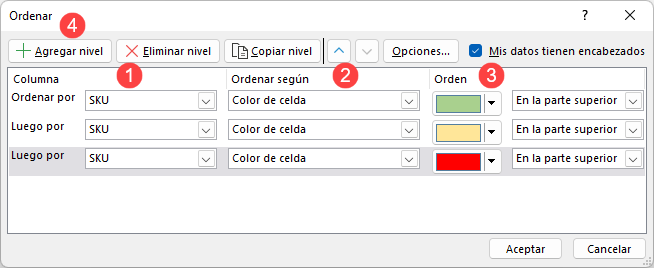 Ordenar por Colores en Excel Paso2