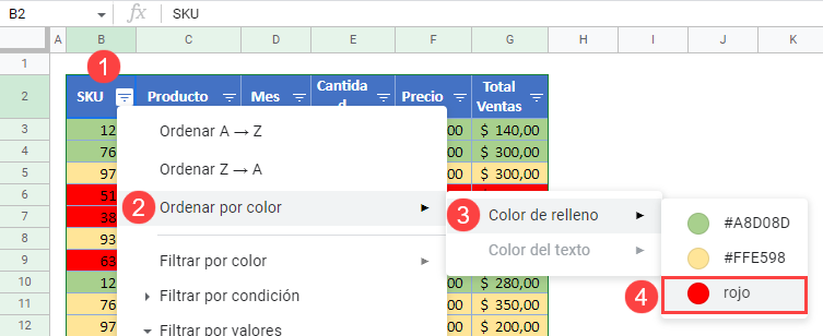 Ordenar por Colores en Google Sheets Paso2