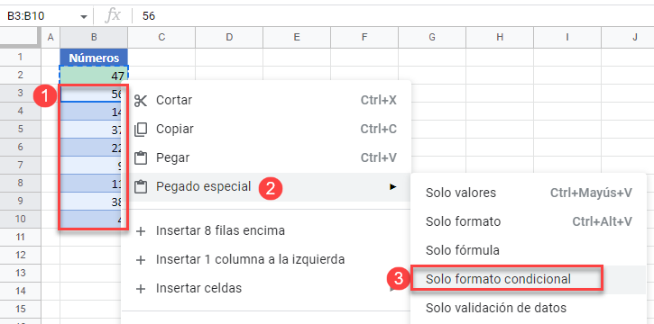 Pegar Solo Formato Condicional en Google Sheets