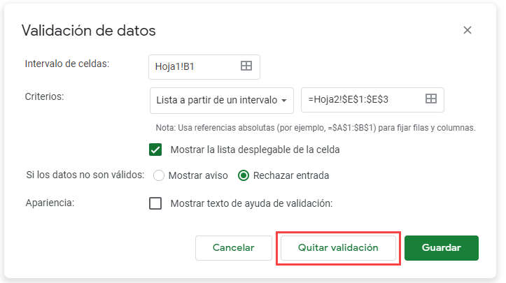 Quitar Validación de Datos en Google Sheets