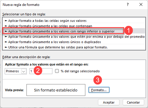 Regla de Formato Solo Superiores en Excel