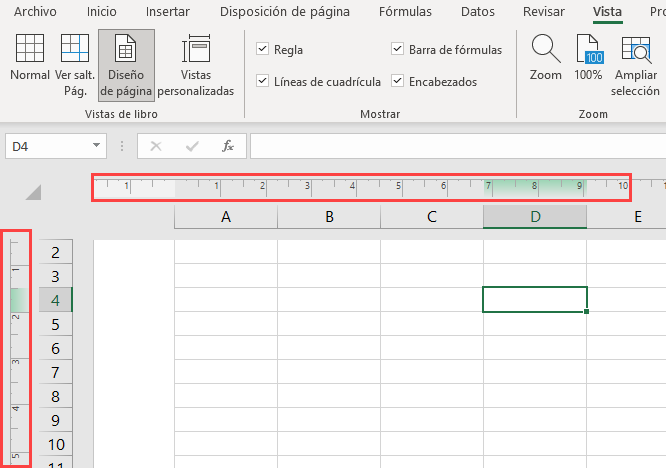 Regla en Vista Diseño de Página en Excel