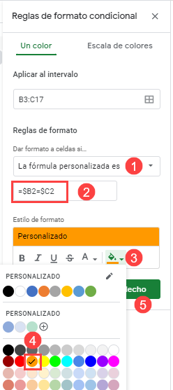 Reglas de Formato Comparación de Dos Columnas en Google Sheets