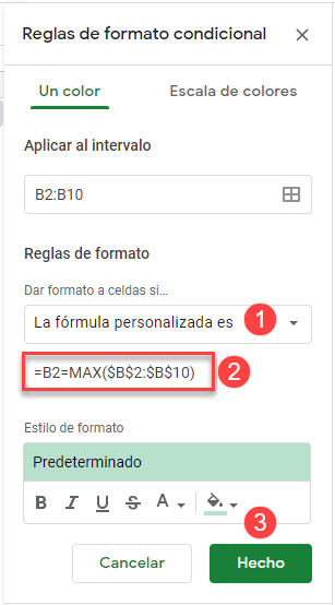 Reglas de Formato Condicional Máximo en Google Sheets