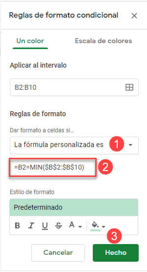 Reglas de Formato Condicional Mínimo en Google Sheets