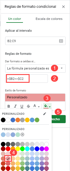 Reglas de Formato Condicional Resaltar Diferencias de Dos Columnas en Google Sheets